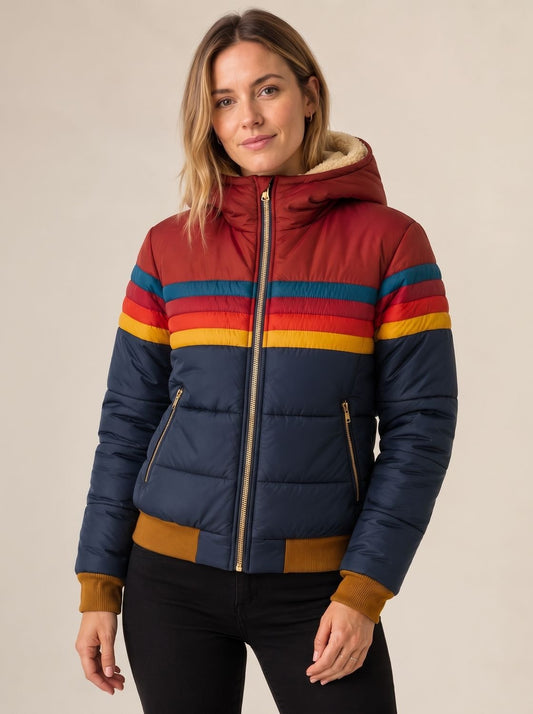 Women's Waterproof Puffer Jacket – Hooded Colorblock Stripes 1