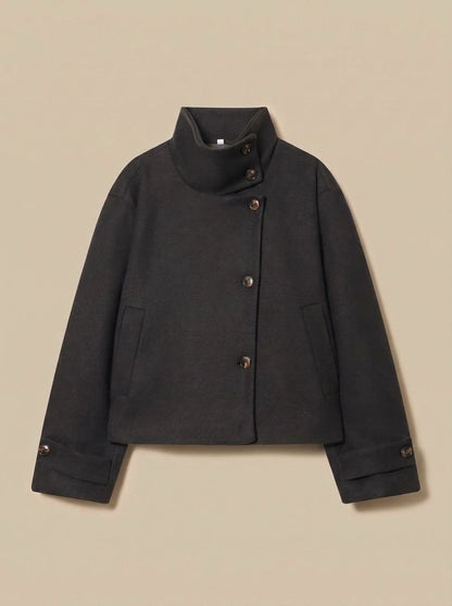 Women's Wool-Look Cropped Coat — Stand Collar Button Front 5