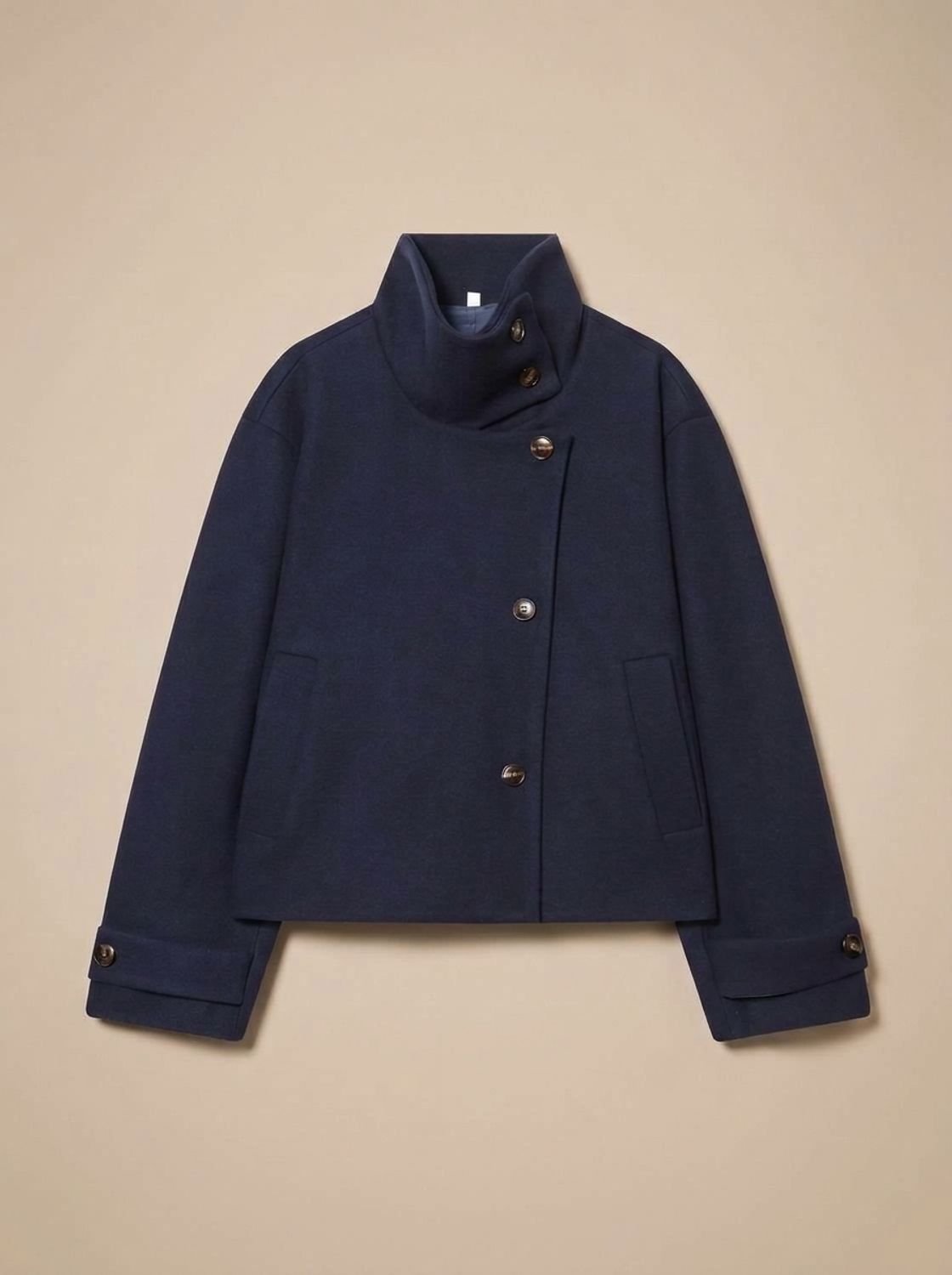 Women's Wool-Look Cropped Coat — Stand Collar Button Front 6