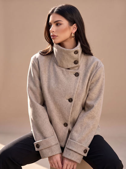 Women's Wool-Look Cropped Coat — Stand Collar Button Front 1