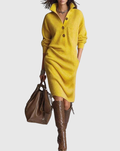 Wool-Touch Ribbed Knit Midi Dress — Button-Up Winter Dress 10