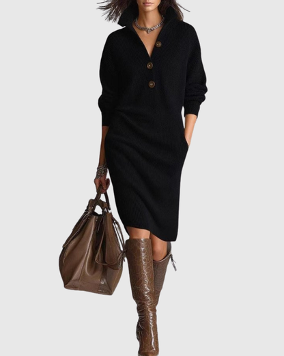 Wool-Touch Ribbed Knit Midi Dress — Button-Up Winter Dress 7