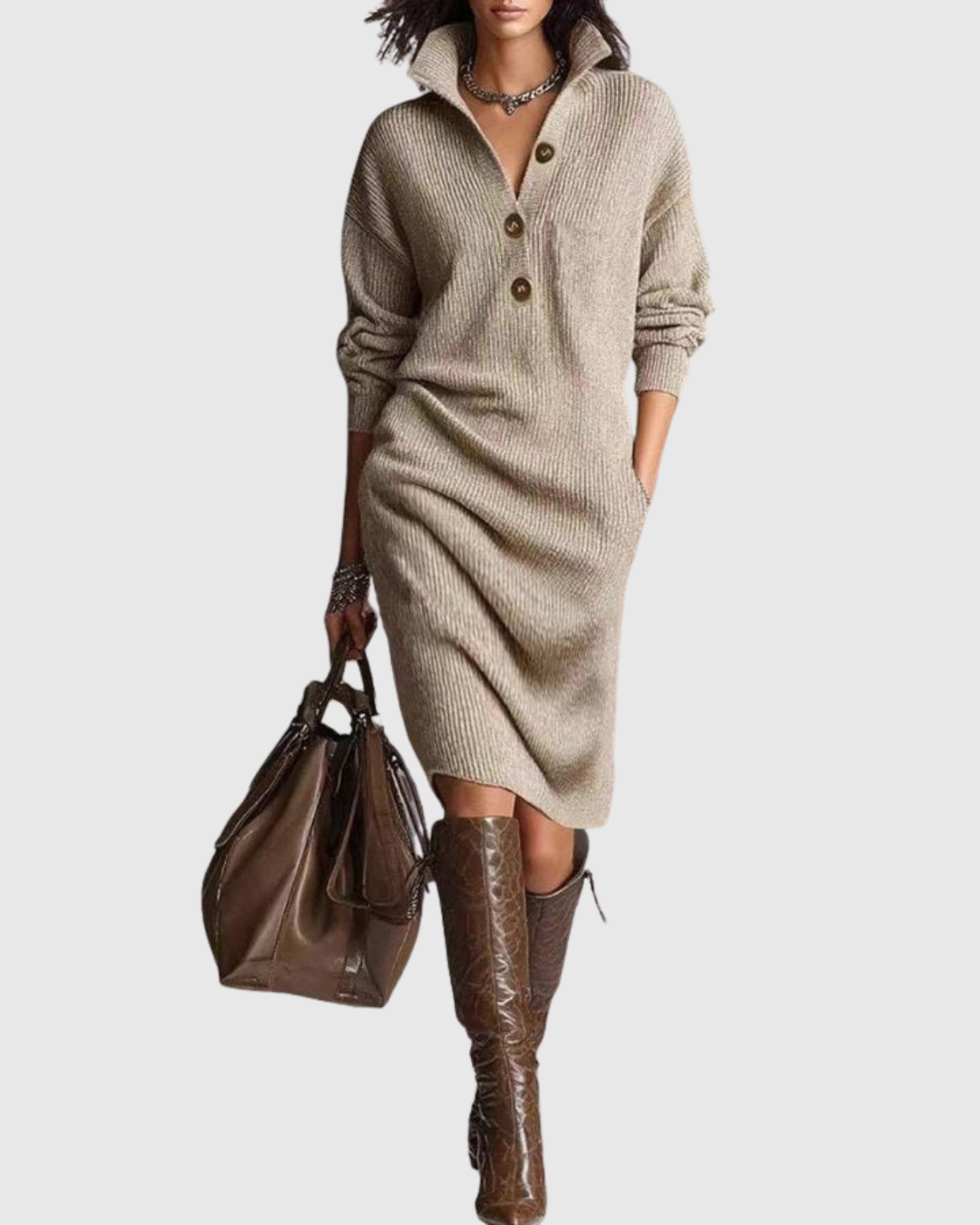 Wool-Touch Ribbed Knit Midi Dress — Button-Up Winter Dress 8