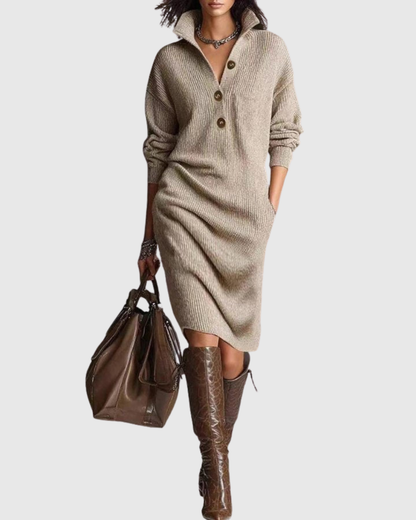 Wool-Touch Ribbed Knit Midi Dress — Button-Up Winter Dress 8