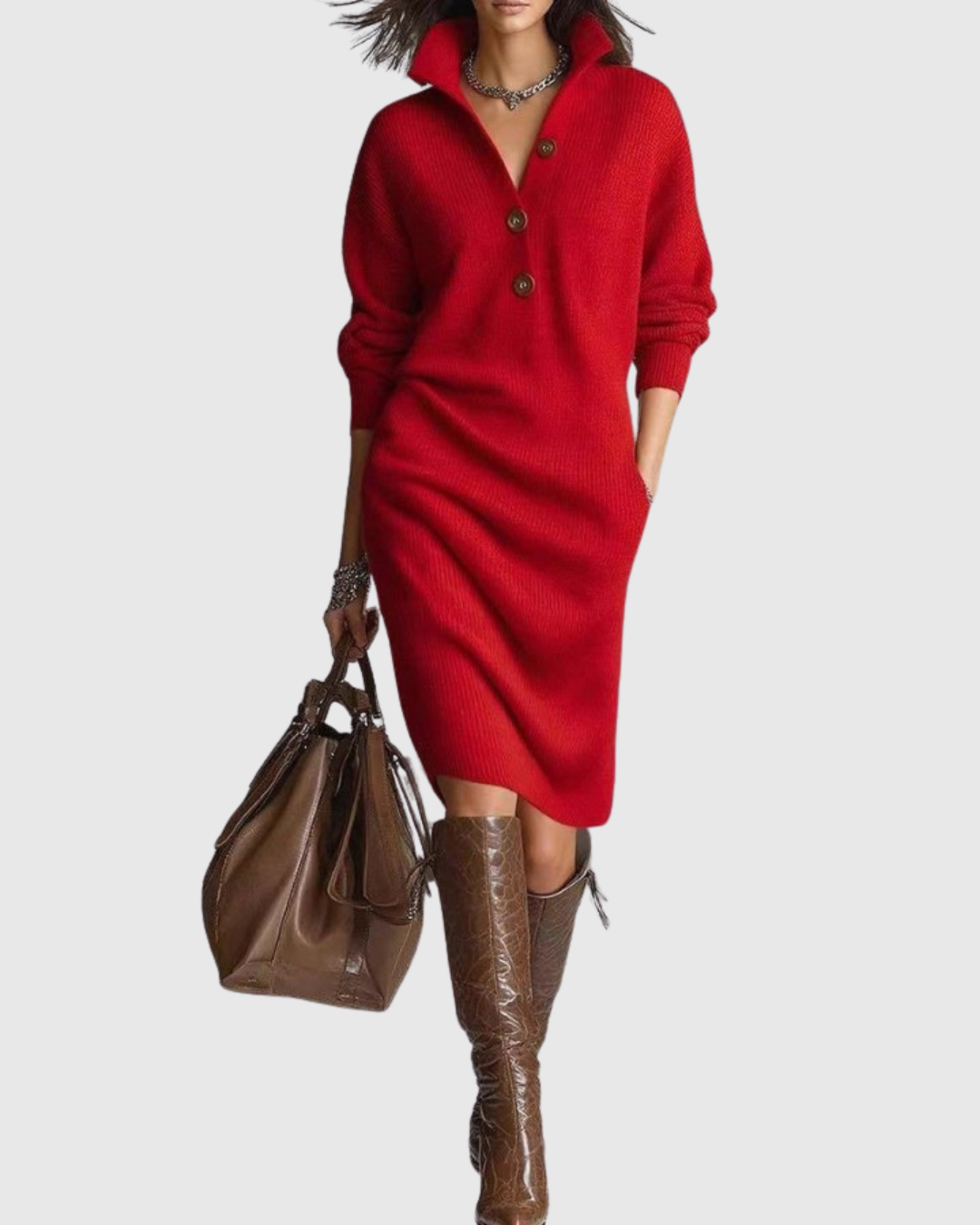 Wool-Touch Ribbed Knit Midi Dress — Button-Up Winter Dress 9